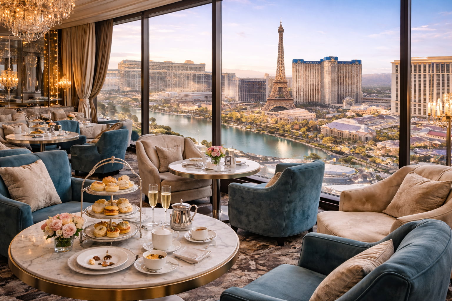 Afternoon Tea at a Luxury Las Vegas Hotel Lounge Luxury afternoon tea lounge inside a Las Vegas hotel with Strip views and tiered tea service