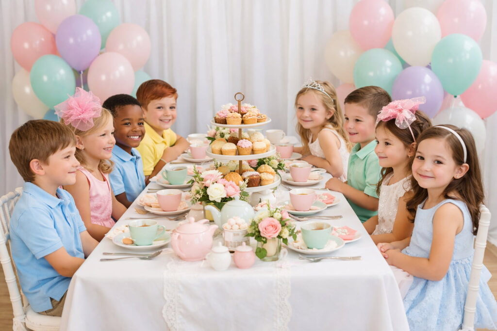 Boys and girls enjoying a pastel kids tea party in Summerlin with balloons and tea sets.