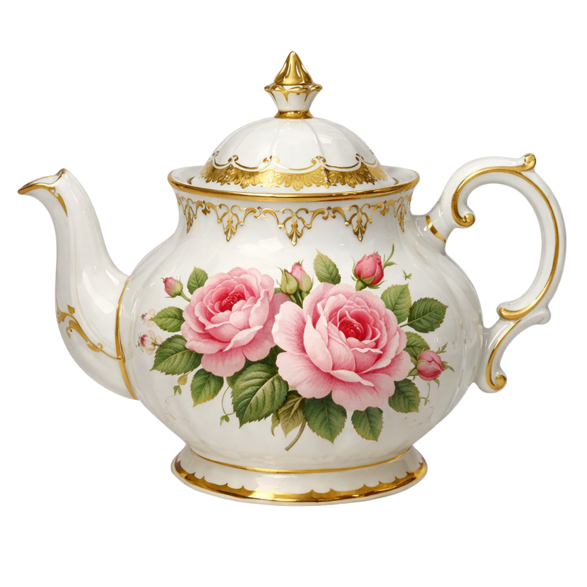 White British porcelain teapot with gold accents and large pink roses