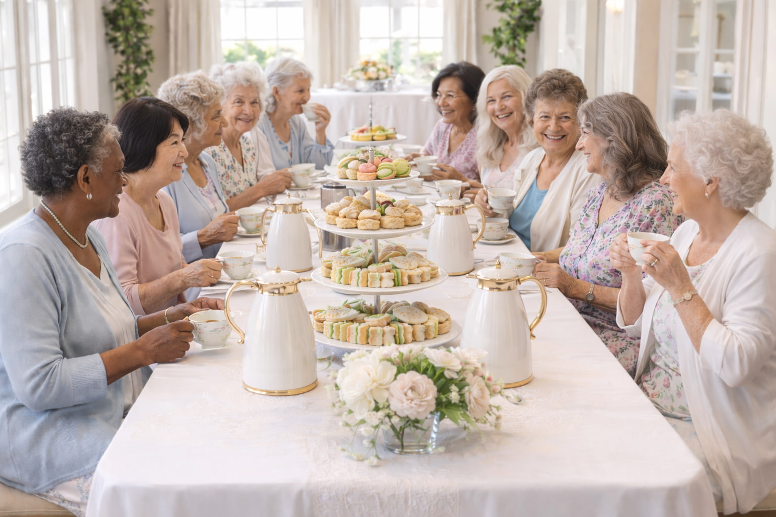Senior residents enjoying an afternoon tea social with teapots, pastries, and tiered tea stand at a community gathering.