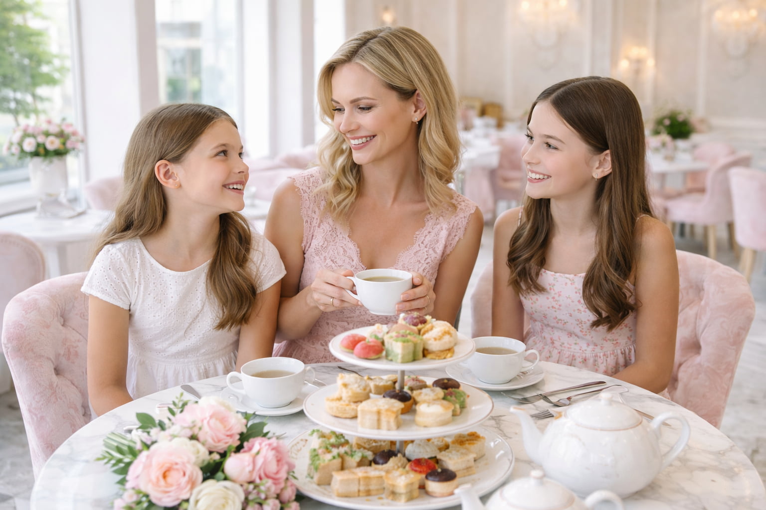 Mother’s Day Afternoon Tea Celebration Mother celebrating Mother’s Day afternoon tea with daughters at tea room